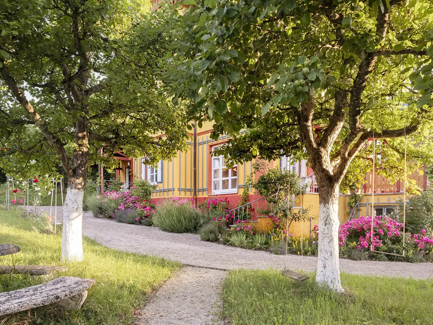 Gartenseite mit Rosenbeeten und Streuobstbäumen