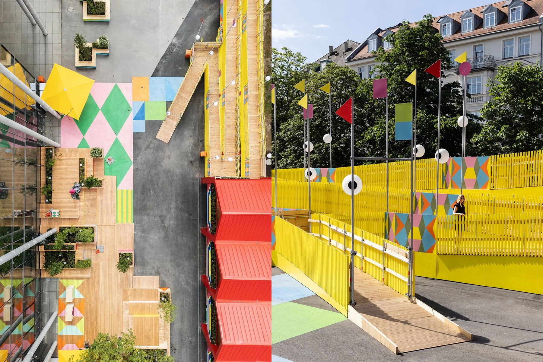 links Blick von oben auf die bunte geometrische Terrassenfläche mit gelben Würfel- und Rautenmustern, rechts eine Straßenansicht mit gelber Zaunrampe, bunten Fahnen und Münchner Altbauten im Hintergrund.