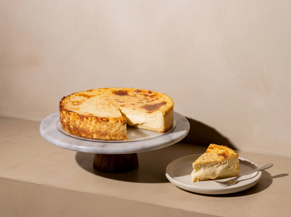 Pastel de queso con una rebanada en un plato pequeño y una cuchara.