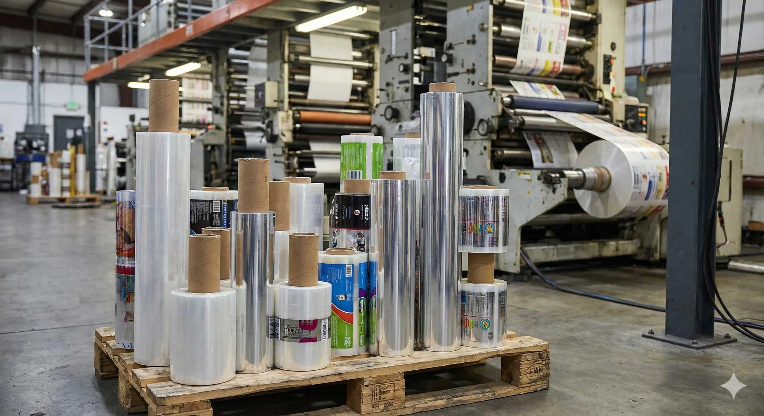 Pallet of BOPP and metallized film scrap rolls ready for recycling at a flexible packaging plant