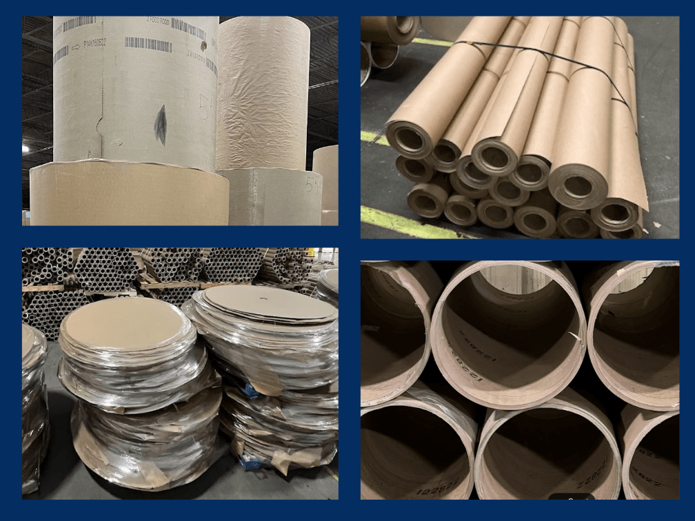 Industrial paper and cardboard recycling collage with kraft paper rolls, butt rolls, end discs, and cores handled by Waste Optima