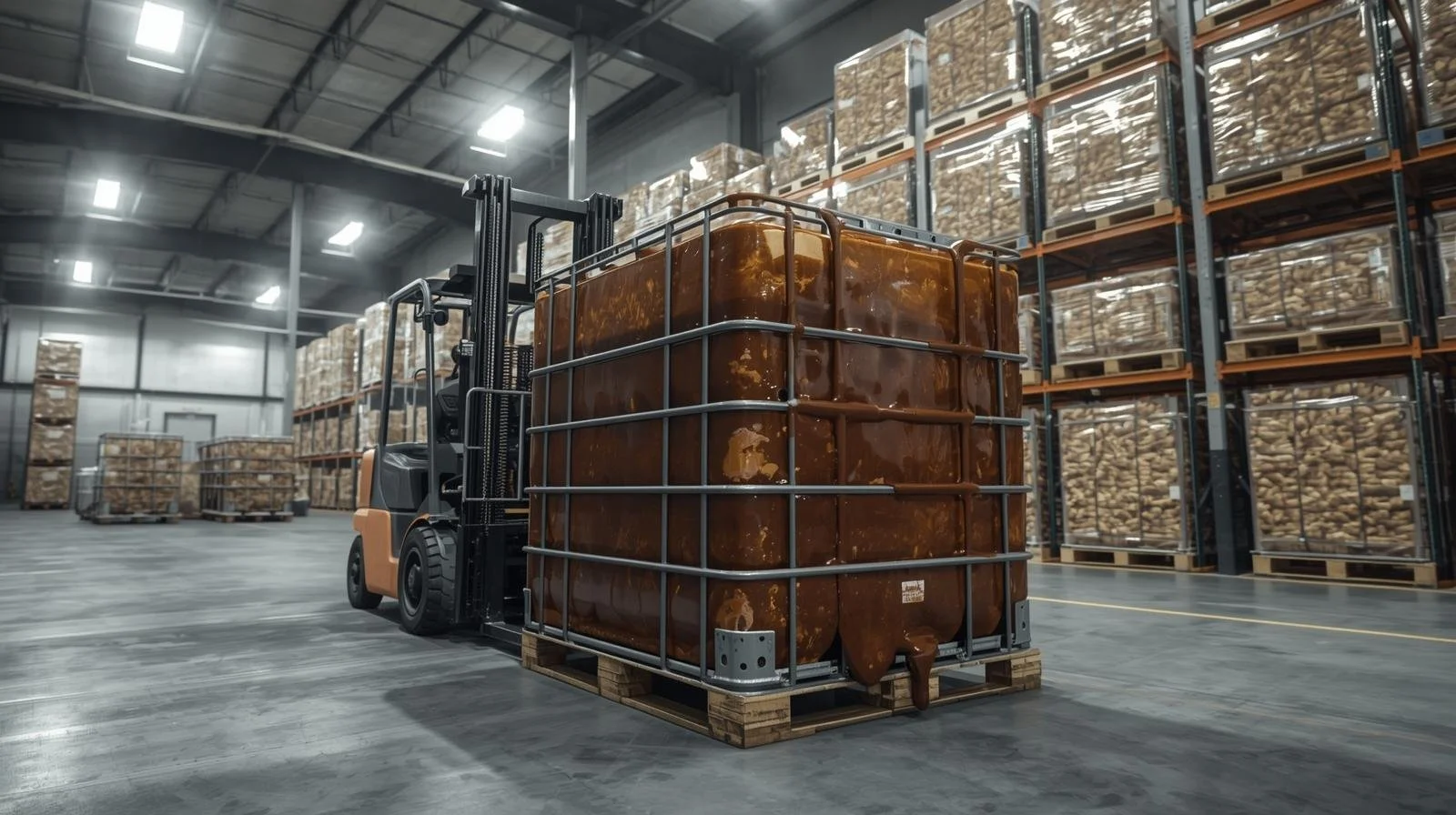 Industrial forklift moving a bulk tote of recycled peanut butter and chocolate waste for animal feed conversion in a warehouse