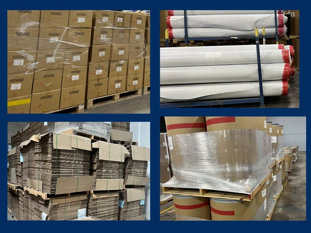 Collage of factory seconds and surplus inventory including pallets of boxes, TPO rolls, unused cardboard, and packaged adhesives handled by Waste Optima