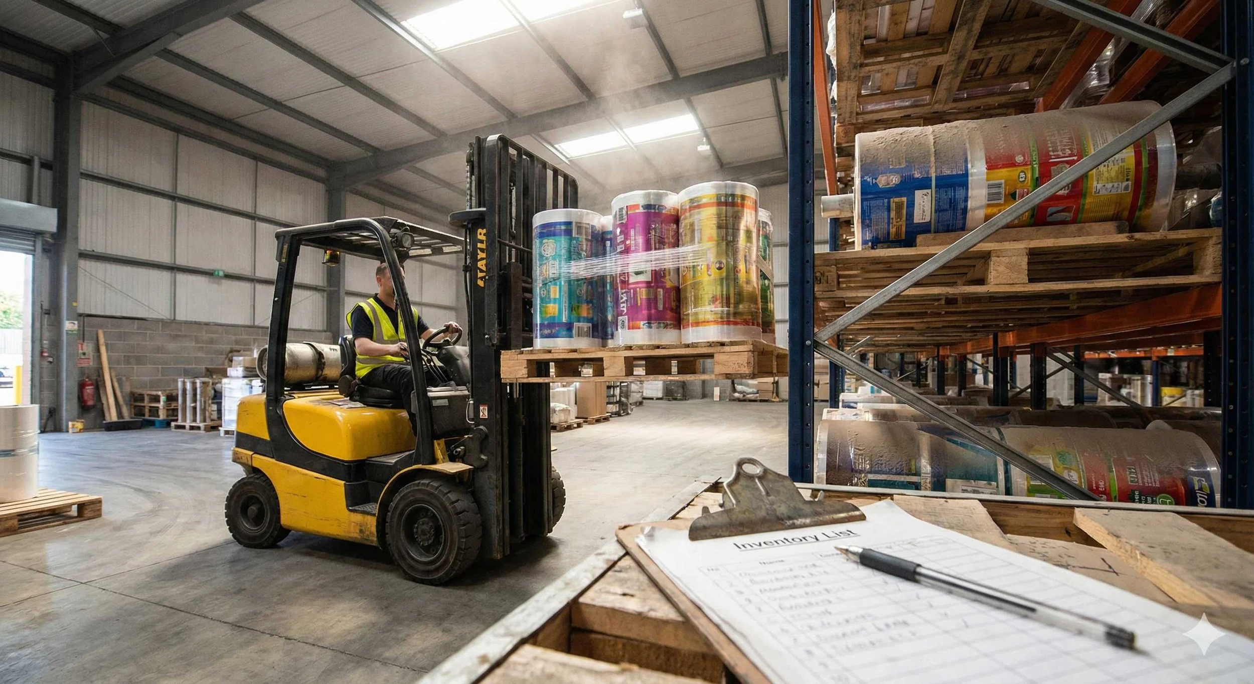 Forklift moving obsolete printed packaging film rolls in a warehouse for recycling liquidation
