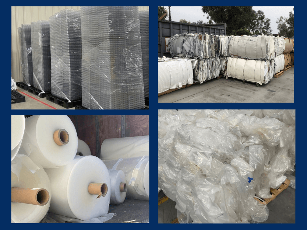Industrial plastics recycling collage showing trays, PVC bales, EVA rolls, and LDPE film bales handled by Waste Optima