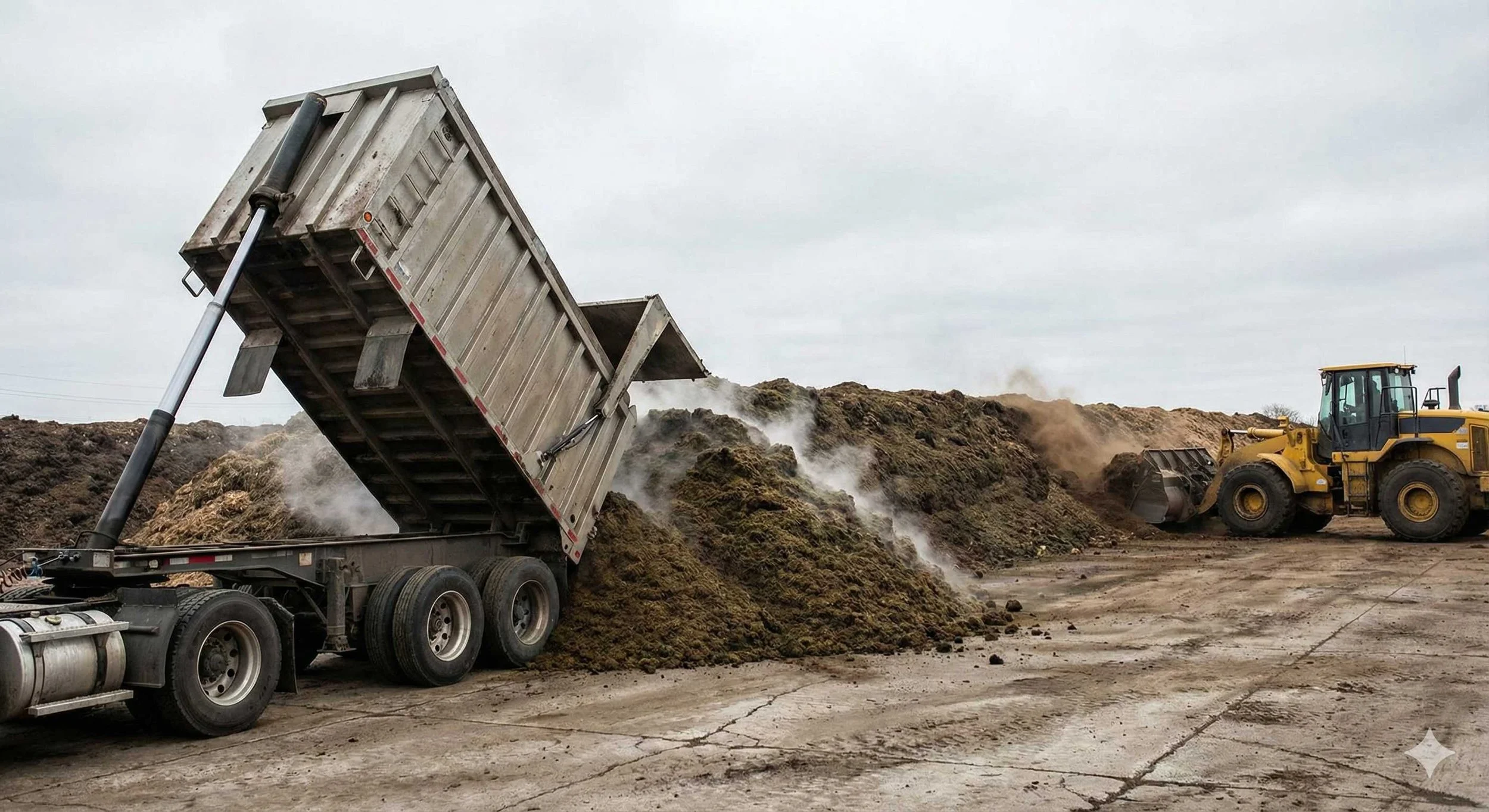 End dump trailer unloading bulk wet vegetable filter cake at an industrial composting facility.