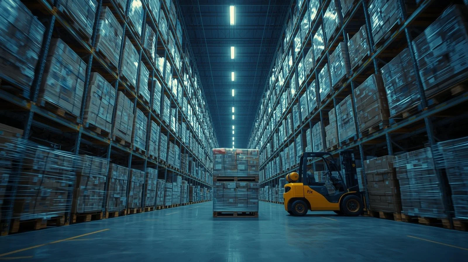 Forklift moving a pallet of expired packaged food inventory in a cold storage warehouse for bulk depackaging and disposal