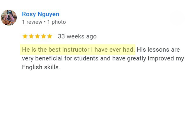 Five-star Google review for Rory: Best English instructor for improving skills.
