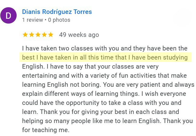 Review: Fun and entertaining English classes for adult students.