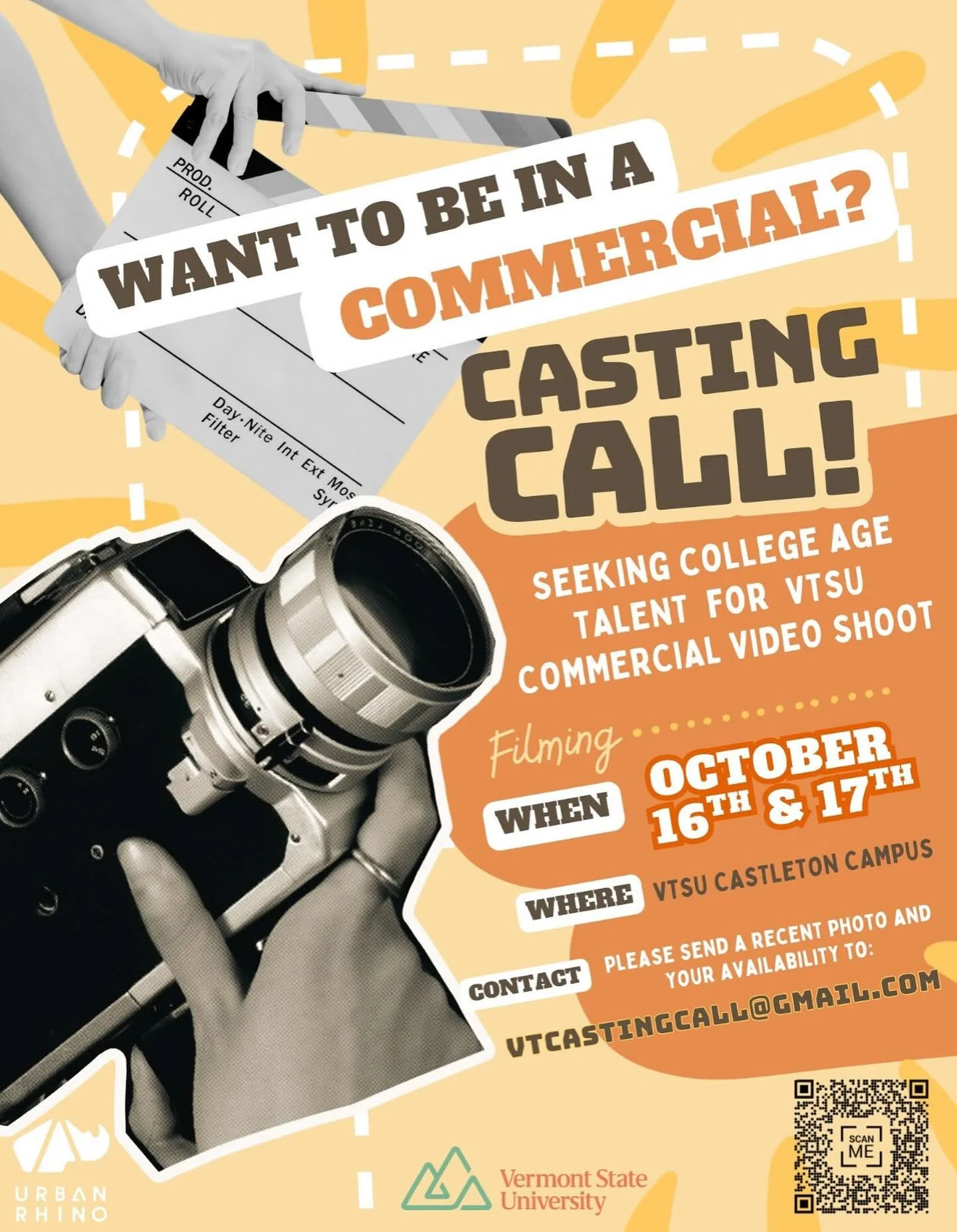 CASTING CALL! For @urbanrhino To be considered, please send a recent headshot (or modeling/acting work if you have it) plus your availability to: VTcastingcall@gmail.com

Urban Rhino is looking for college-age (or college-age looking) talent for an u