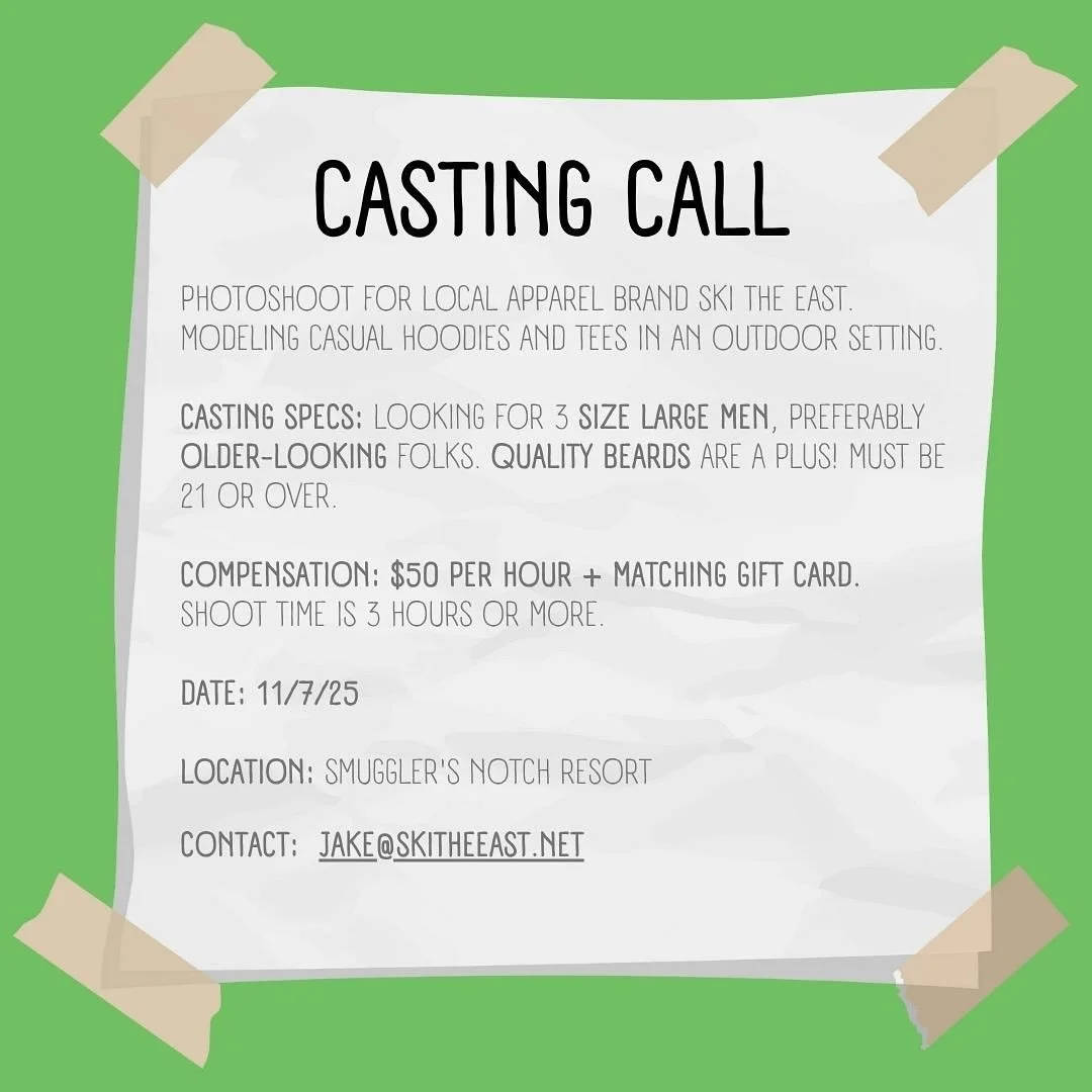 CASTING CALL for this FRIDAY! For @skitheeast if interested please email jake@skitheeast.net