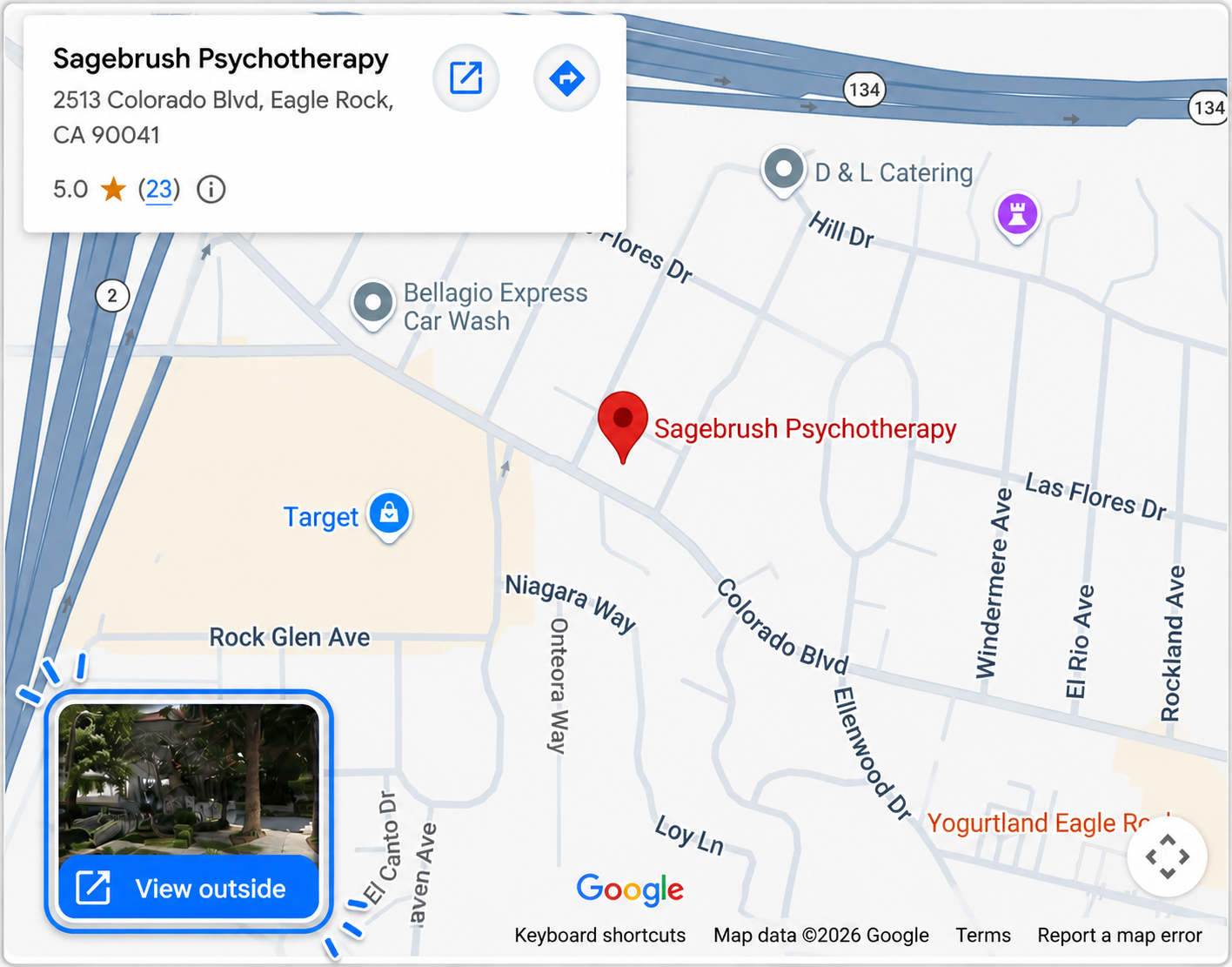 Map of Sagebrush Psychotherapy, 2513 Colorado Blvd, Eagle Rock, CA 90041, with rating and review count.