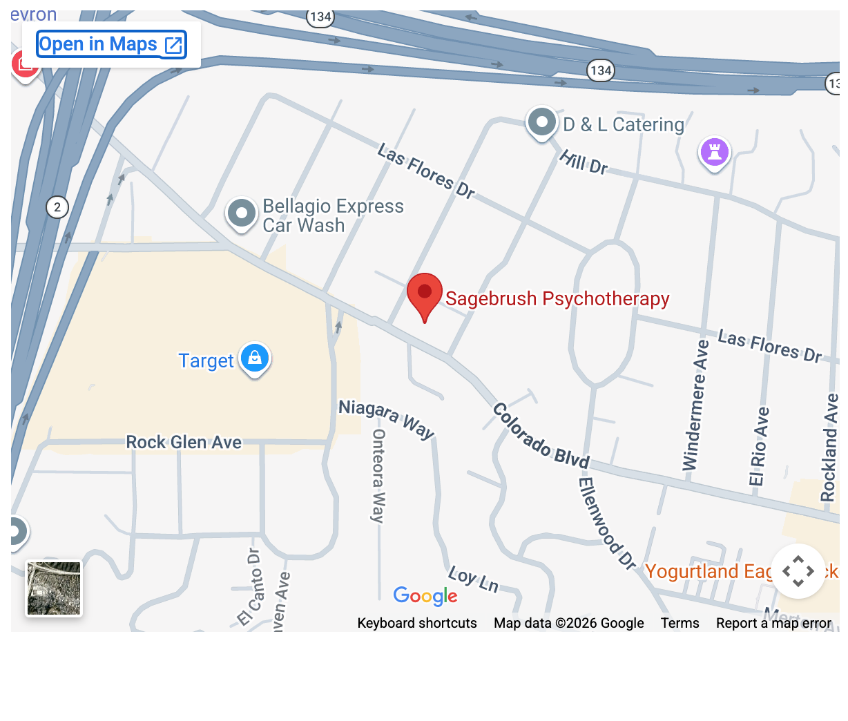 Map of Sagebrush Psychotherapy, 2513 Colorado Blvd, Eagle Rock, CA 90041, with rating and review count.
