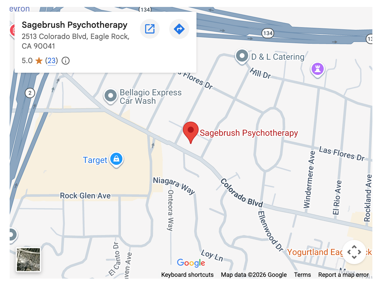 Map of Sagebrush Psychotherapy, 2513 Colorado Blvd, Eagle Rock, CA 90041, with rating and review count.
