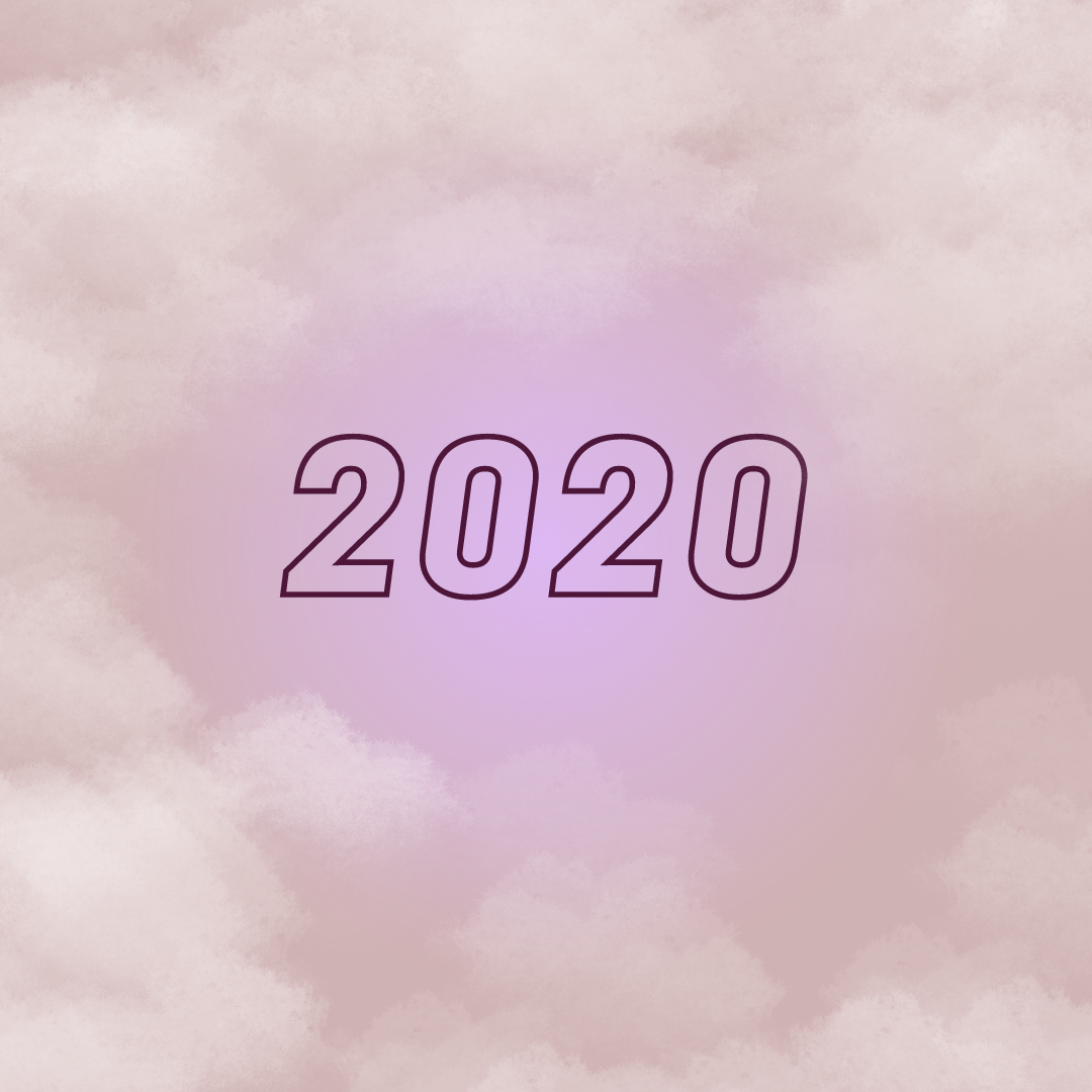 Stylized image with the year 2020 in purple outlined numbers centered on a pastel pink and purple cloudy background.