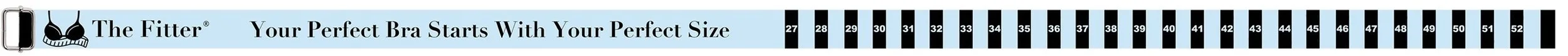 A bra sizing chart with a blue background and black and white numbered markers from 27 to 52, alongside the text "The Fitter Your Perfect Bra Starts With Your Perfect Size".