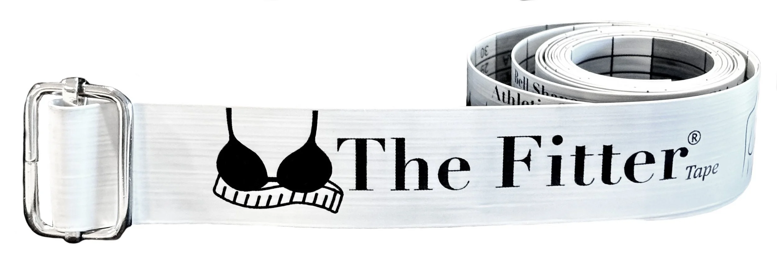 White tape measure with black text reading "The Fitter" and a graphic of a bikini top and measuring tape printed on it, with a metal buckle.