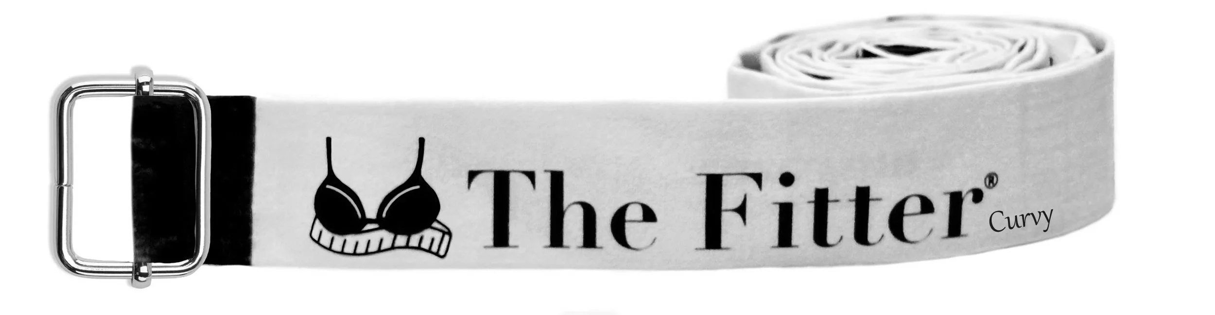 A white belt with the words 'The Fitter' and a bra illustration, along with the term 'Curvy' printed on it.