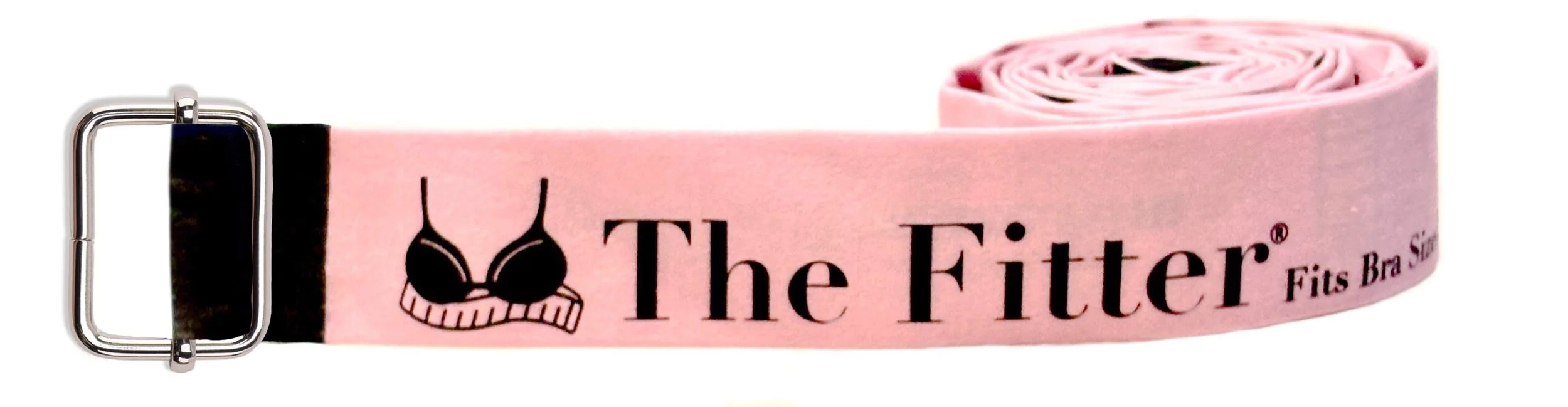 Pink fabric belt with black text and a black bra icon, labeled 'The Fitter', with a silver buckle.