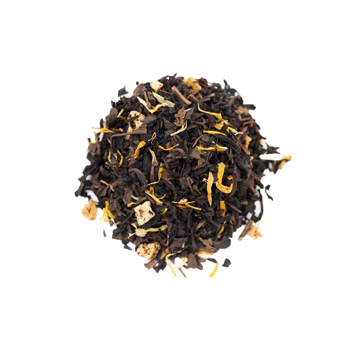 Loose white peach oolong tea with flower petals and curled leaves.
