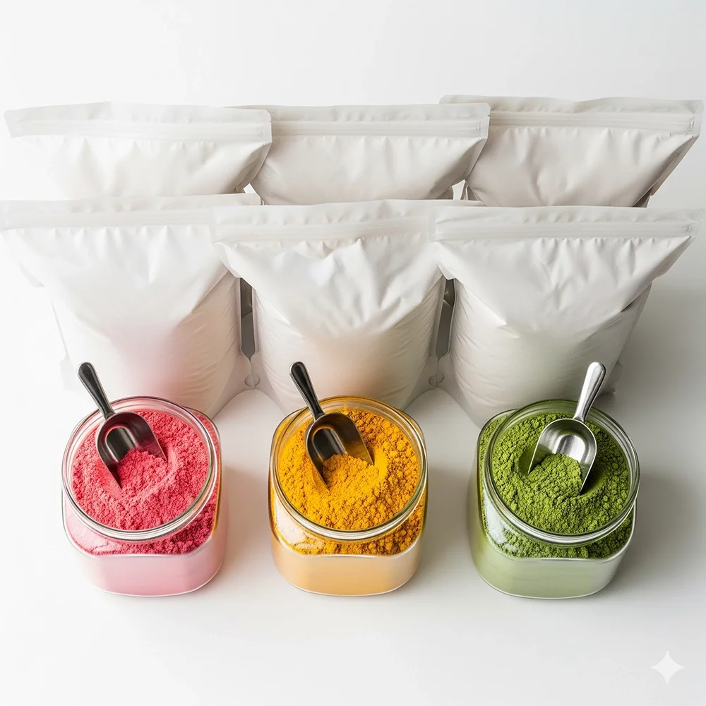 Bulk packs of commercial-use fruit powders and matcha powder with scoops, showcasing watermelon powder, mango powder, and green tea powder for OEM supply.