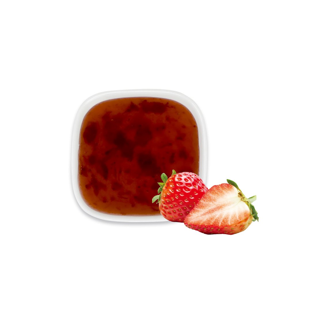 Strawberry syrup with fresh strawberries, featuring red color, pulp, and berry seeds.