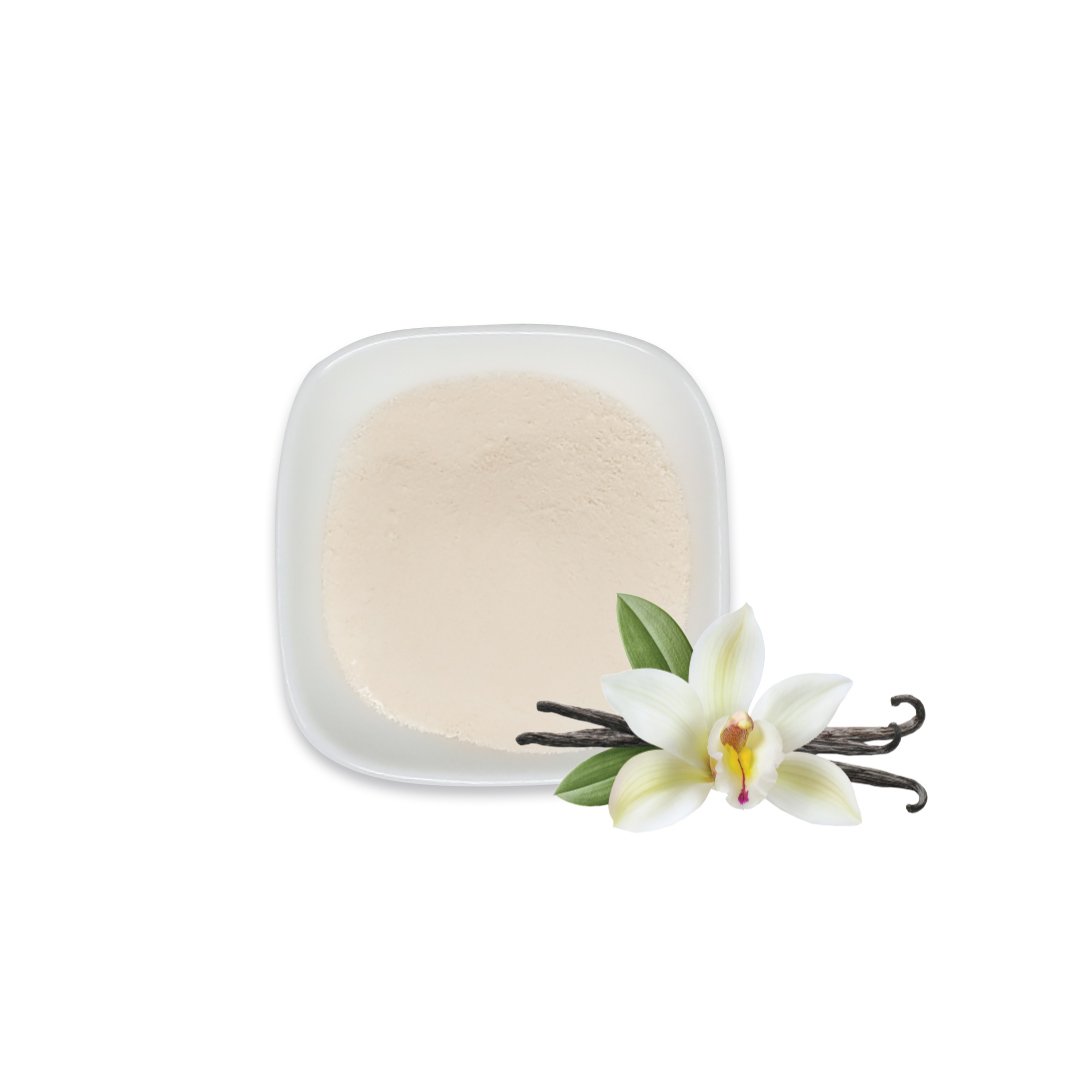 Vanilla powder with vanilla flower and bean elements, highlighting its elegant aroma and versatile application.