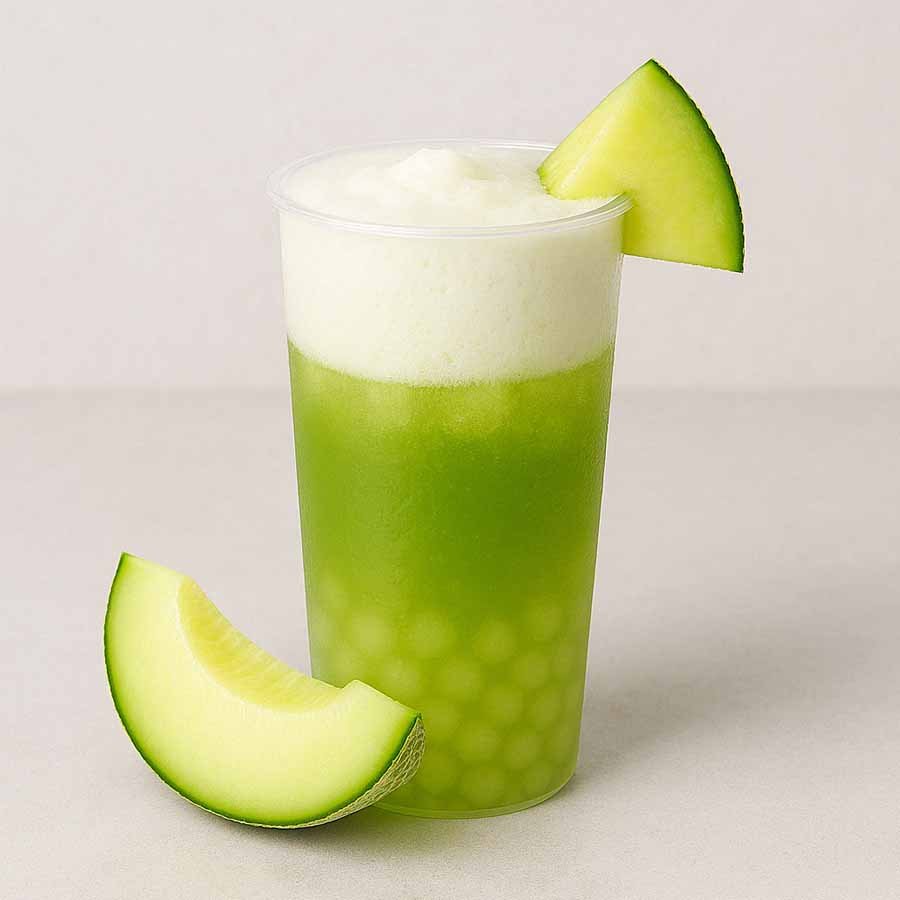 Honeydew bubble drink with creamy foam and chewy jelly – bright green and perfect for summer refreshment.
