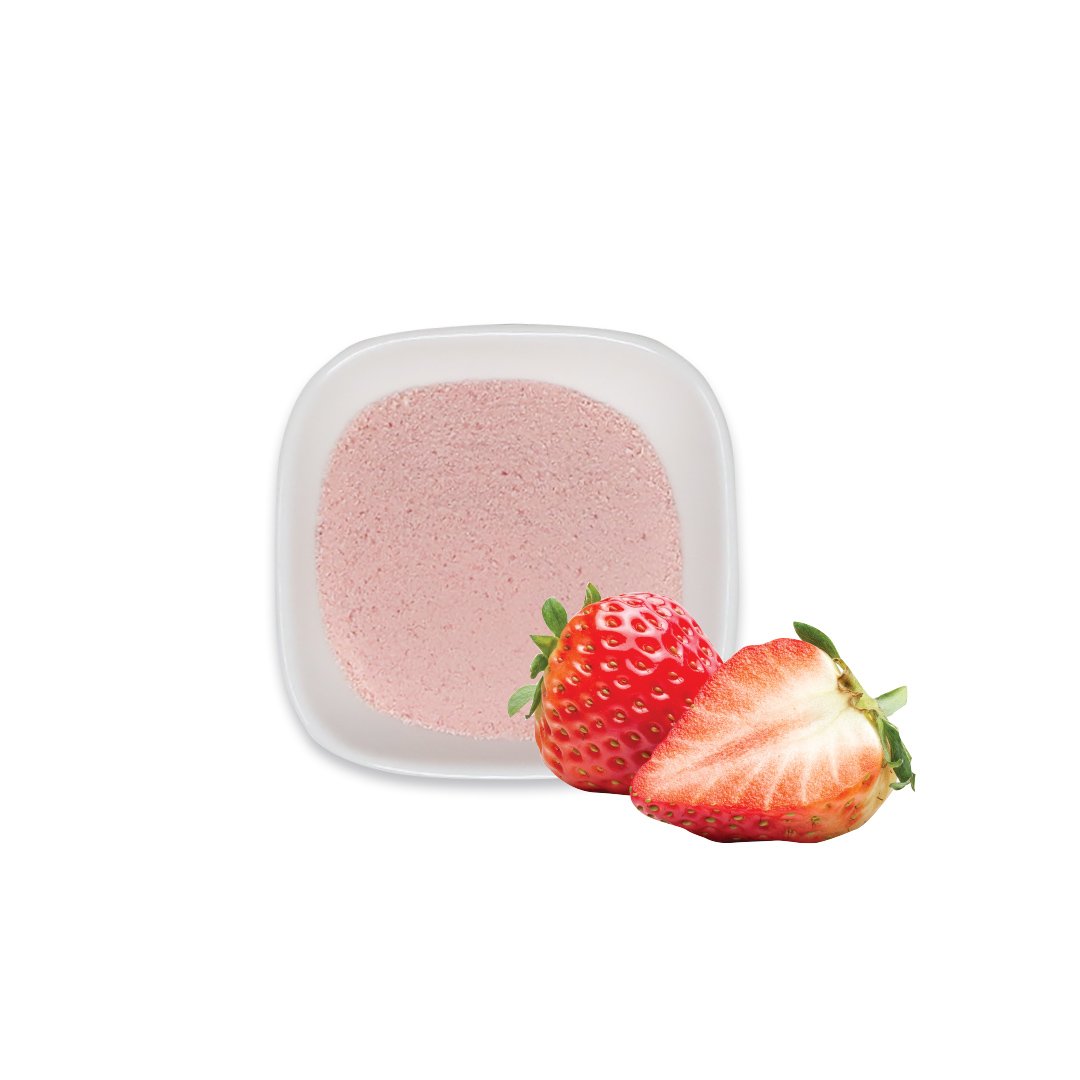 Strawberry powder with real strawberries, highlighting natural pink color and berry-sweet aroma.