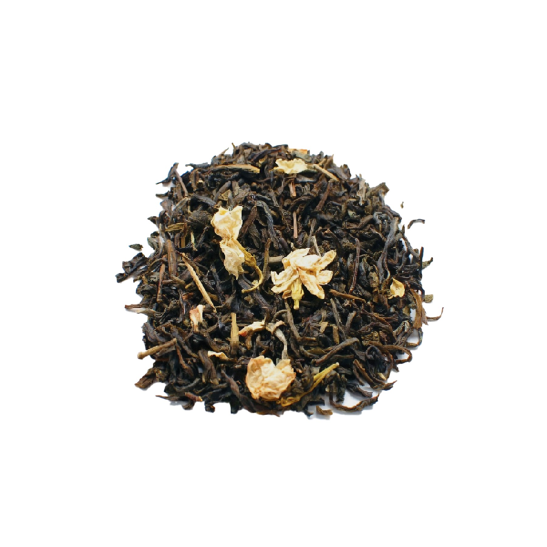 Loose jasmine green tea leaves blended with dried jasmine blossoms.