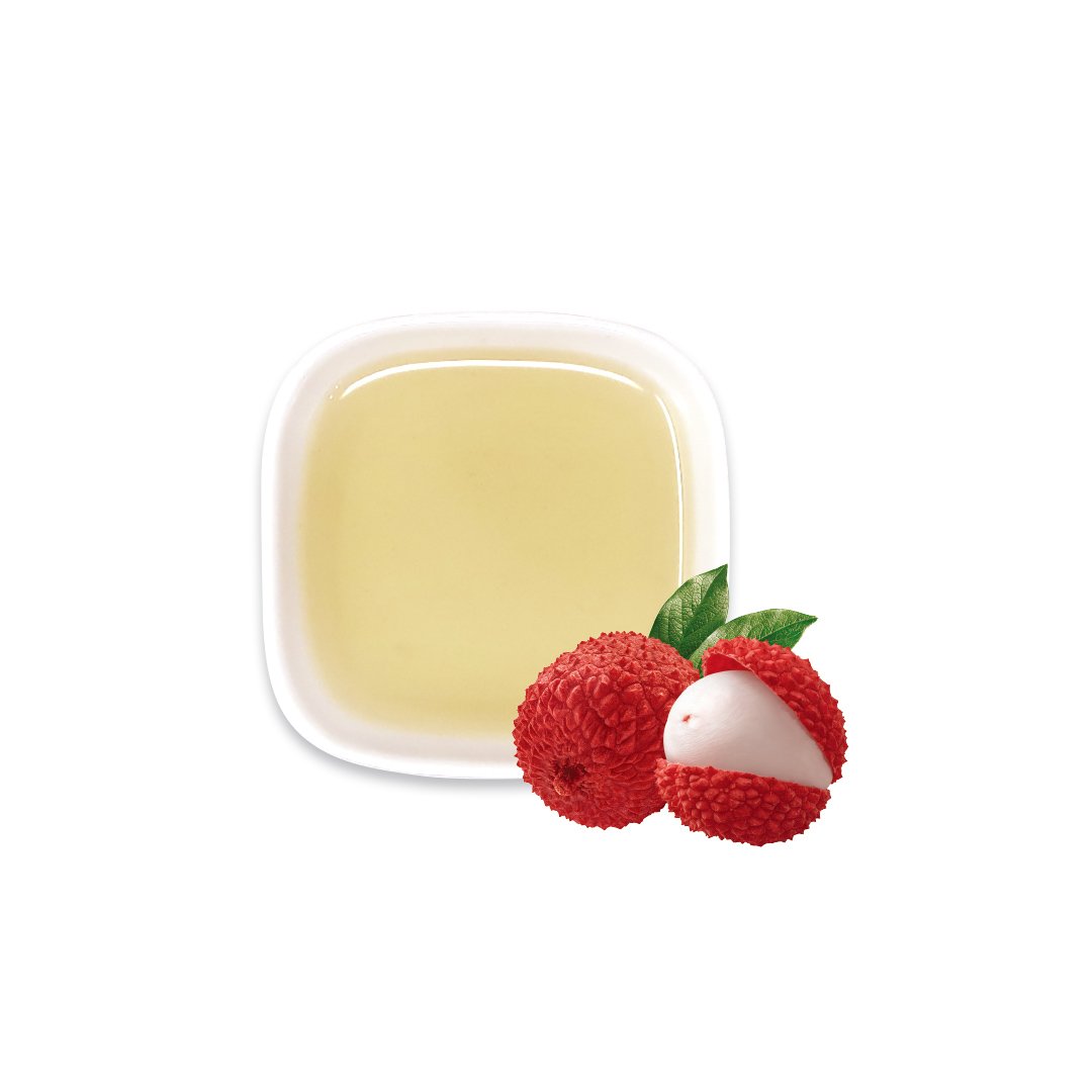 Lychee syrup with whole fruits, light color and delicate floral notes.