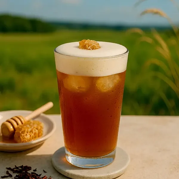 Iced black tea with honey syrup, topped with creamy foam and honeycomb garnish, perfect for refreshing Asian-inspired drinks.