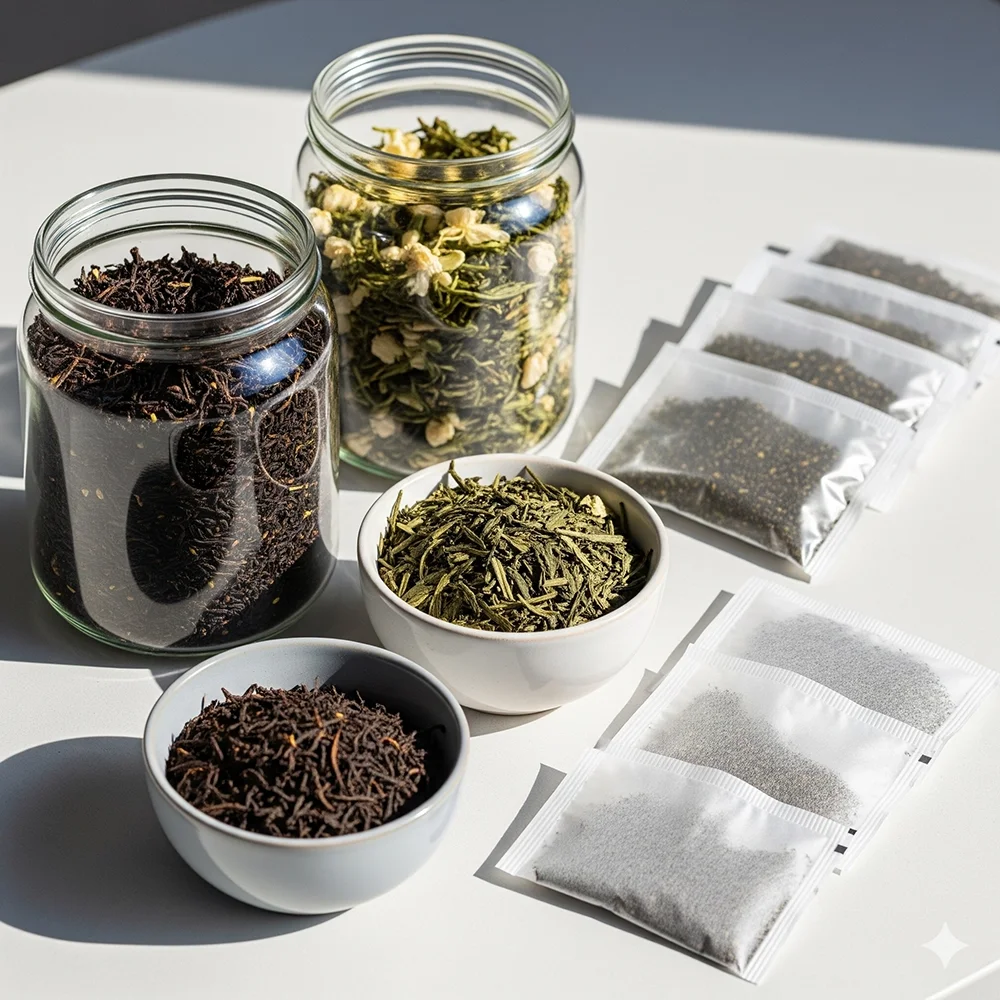 Premium Earl Grey and jasmine green tea in glass jars and ceramic bowls, with instant brew tea bags displayed on a bright clean surface.