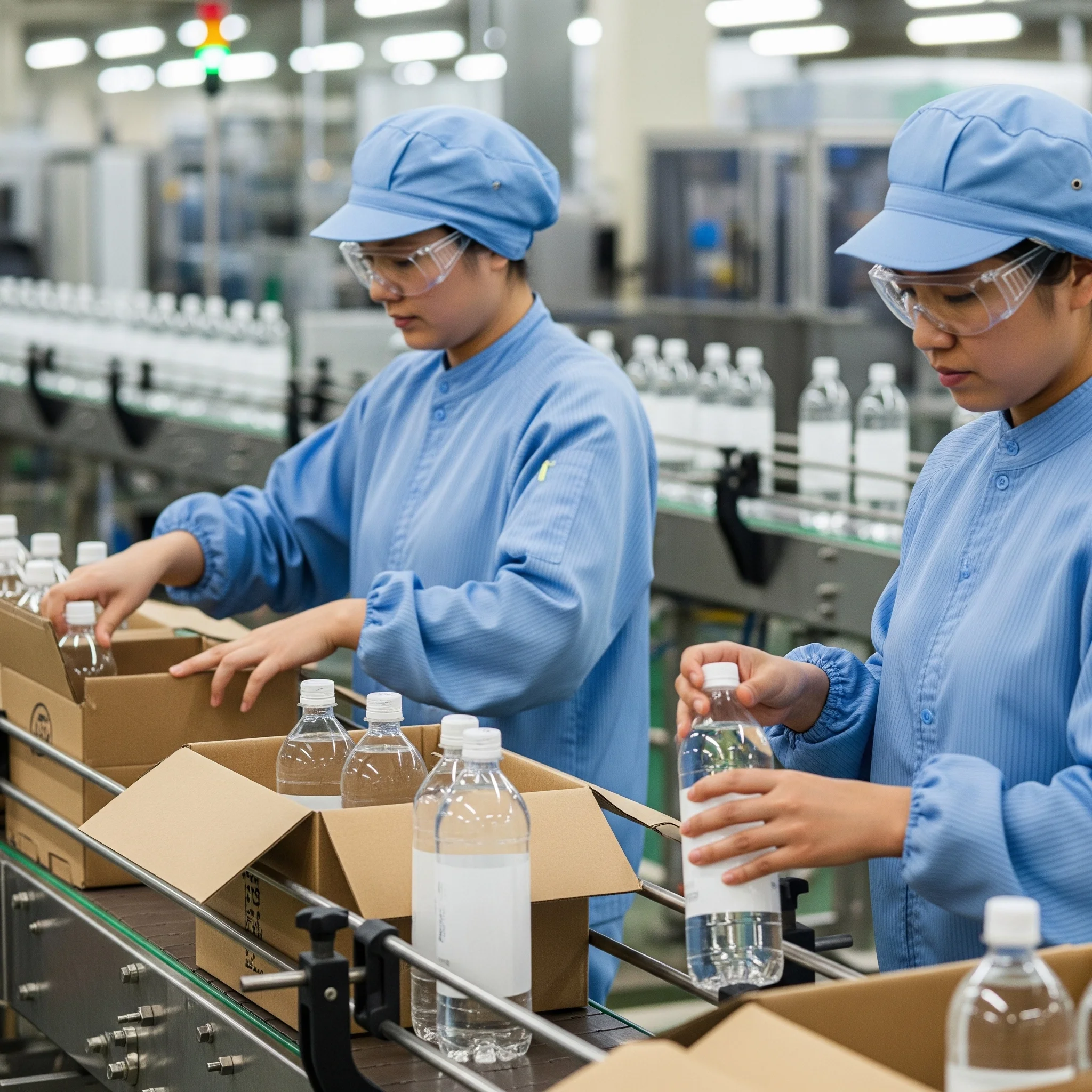 Yujiefood beverage factory workers in blue uniforms packaging bottled drinks on production line