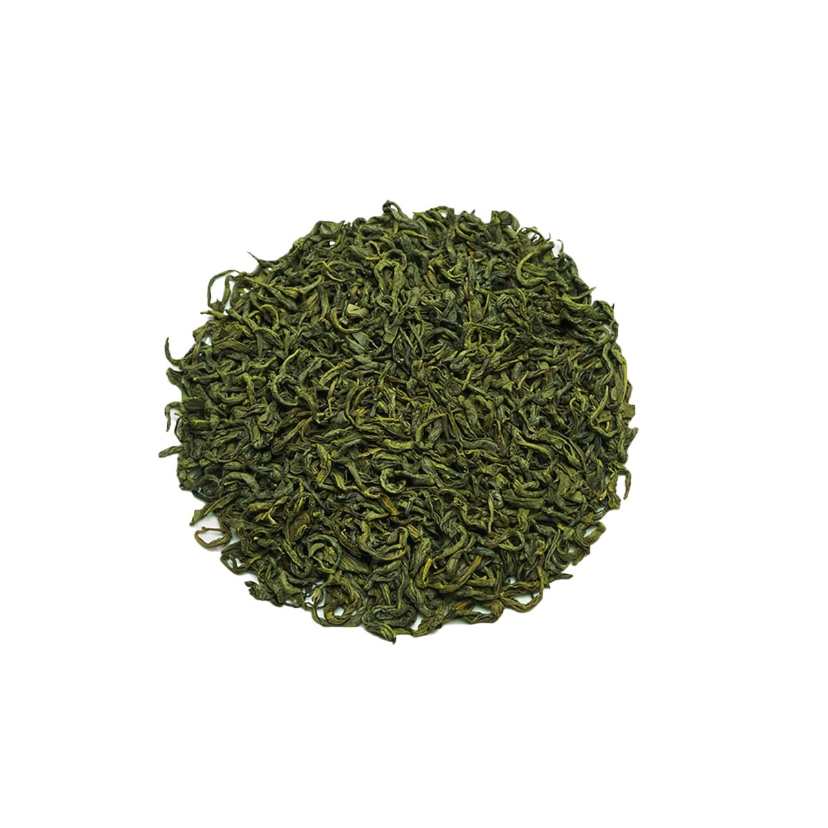 Dried mountain green tea leaves with twisted shape and vivid green hue.