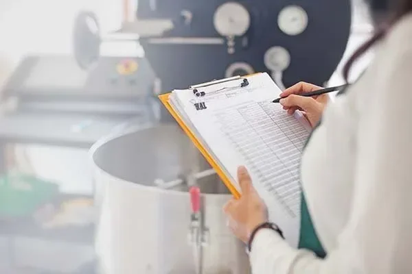 Person holding clipboards with papers and a pen in a commercial kitchen or food processing facility.