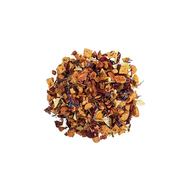Hawaiian Breeze dry tea blend with fruit pieces and vibrant red tea base.