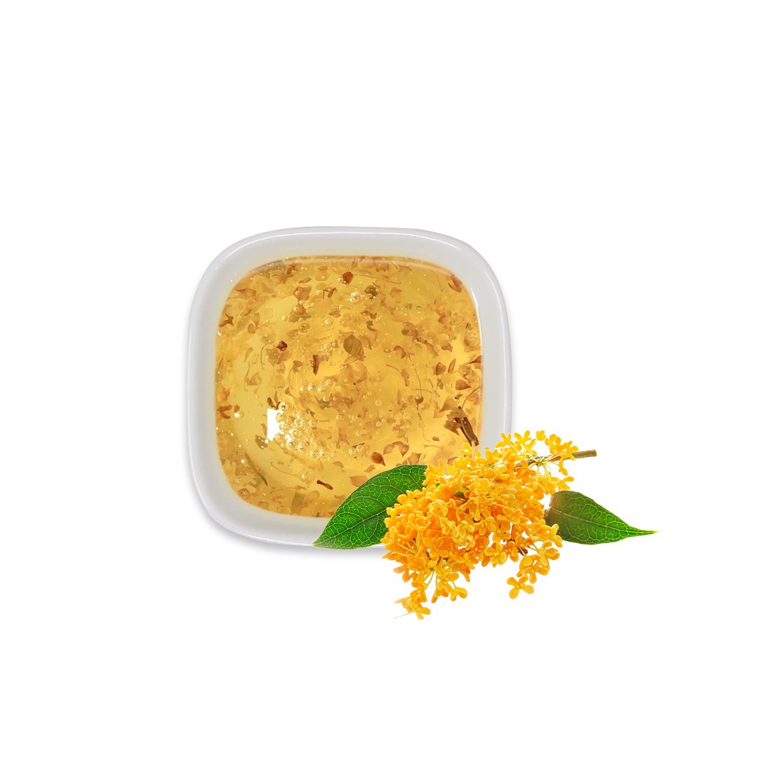 Osmanthus syrup with flower petals – golden color and floral aroma.