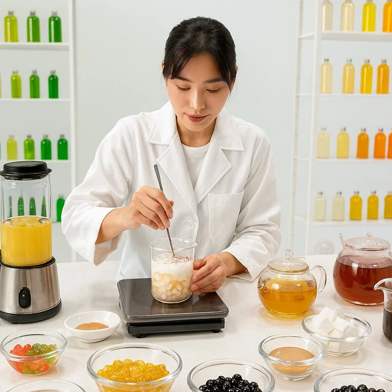 A woman in a white lab coat preparing a beverage in a glass jar surrounded by various ingredients, including bowls of colorful toppings and containers of liquids, in a bright, organized kitchen or laboratory setting.