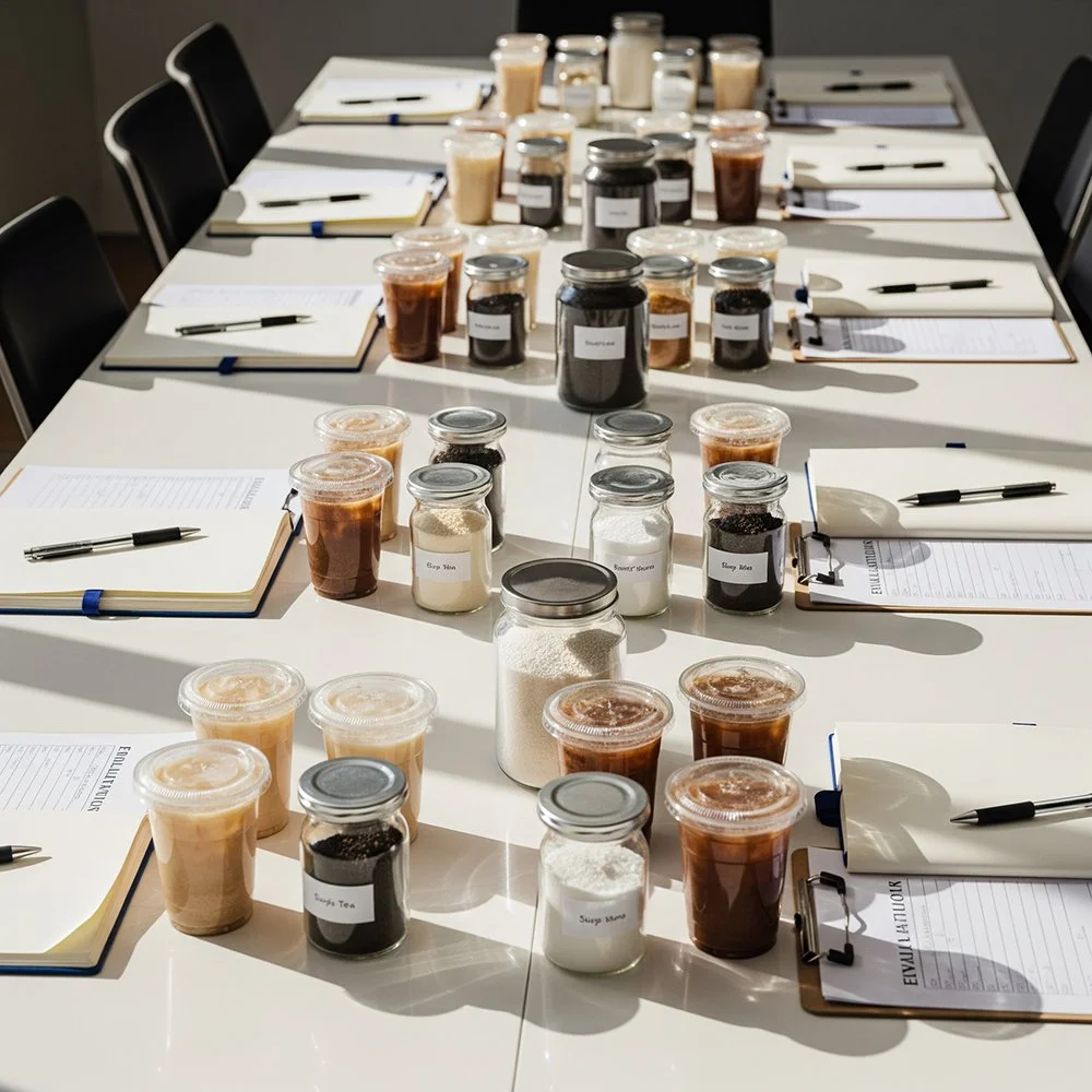 Yujiefood beverage ingredients and raw material samples arranged on table for product testing and evaluation