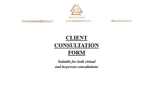 Client consultation form with the logo of The Dread School at the top, including email, website, and social media contacts, and the title 'Client Consultation Form' indicating it is suitable for both virtual and in-person consultations.