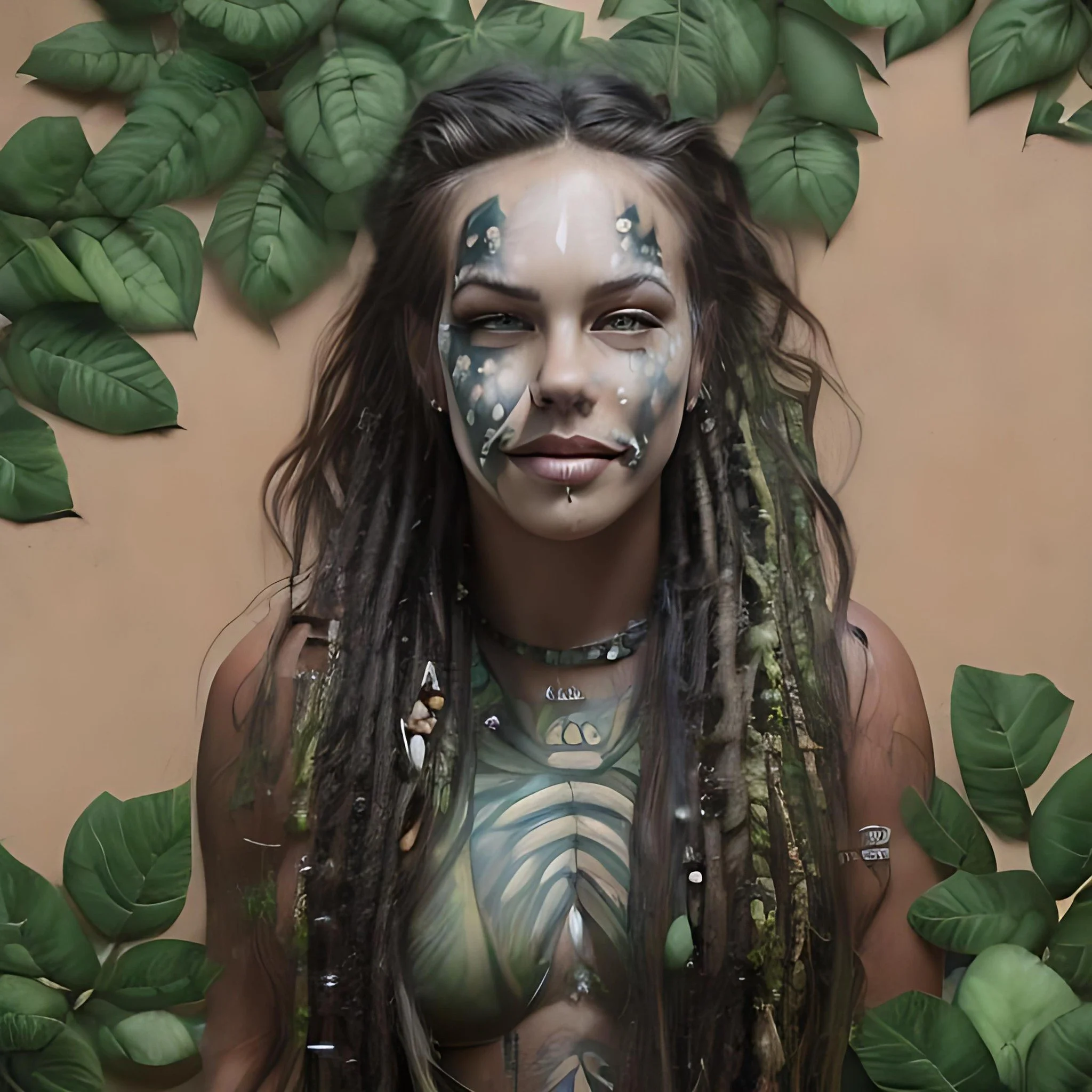A woman with long hair lying down surrounded by large green leaves, with her face partially obscured by an artistic, abstract painted mask with black, white, and blue colors.