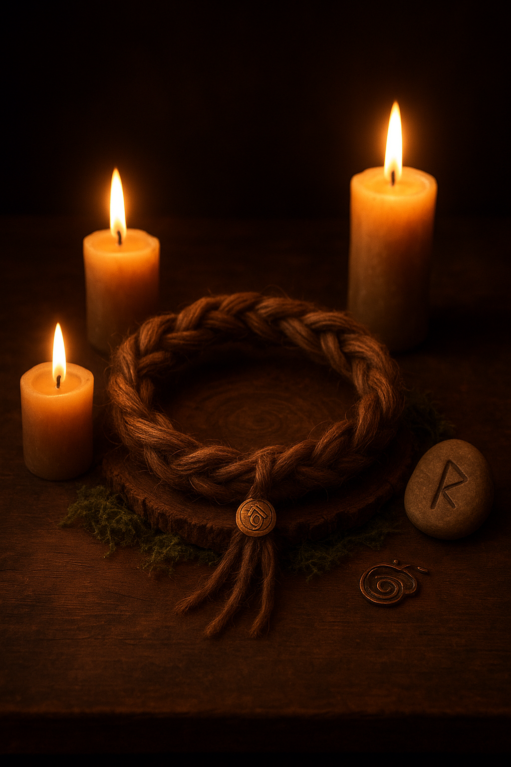 A circular braided rope necklace with a small pendant, three lit candles, a carved stone with the letter R, a spiral-metal pendant, and a wooden tray on a dark surface, illuminated by candlelight.
