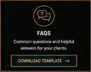 FAQs page with a black background, gold line art of chat bubbles, and a prompt to download a template.