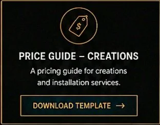 Pricing guide for creations and installation services with a download template button.