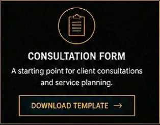 Consultation form advertisement with a clipboard icon, text about client consultations and service planning, and a button to download a template.