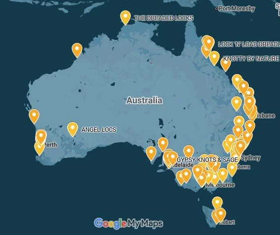 Map of Australia with multiple location markers across the coast and central region, including labels for areas such as The Dreaded Locks, Lock 'n' Load Dreadlocks, Knotty by Nature, Angel Locs near Perth, Gypsy Knots & Sage near Adelaide, and others.