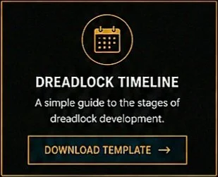 Dreadlock Timeline digital guide with a calendar icon, dark background, and a download button.