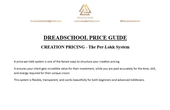 A document titled 'DreadSchool Price Guide' explaining creation pricing using the Per-Lokk System, with contact information at the top, including an email, website, and social media handle.