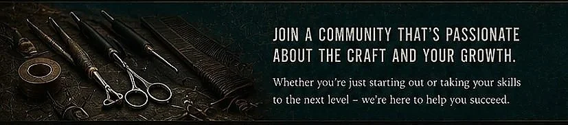 A banner with various hairdressing tools like scissors, combs, and clippers on a dark background, with text encouraging joining a community passionate about craft and growth.